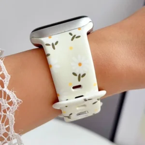 Cream daisy floral silicone Apple Watch band, white flowers on cream strap for women