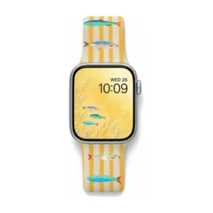 Golden stripe sardine fish Apple Watch band for women, comfortable silicone replacement strap in yellow.