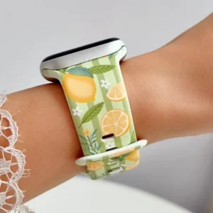 Sage green lemon blossom silicone Apple Watch band with yellow lemons, citrus slices and white flowers for women