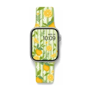Sage green lemon blossom silicone Apple Watch band with yellow lemons, citrus slices and white flowers for women