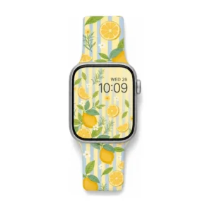 Lemon blossom stripe silicone Apple Watch band for women, yellow blue striped citrus floral replacement strap