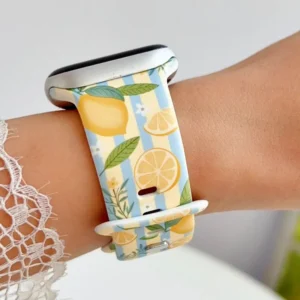 Lemon blossom stripe silicone Apple Watch band for women, yellow blue striped citrus floral replacement strap