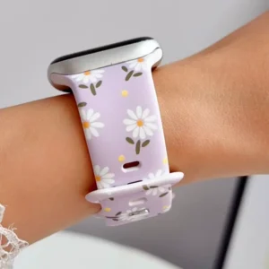 Lilac daisy silicone Apple Watch band with white flowers, women's replacement wristband strap