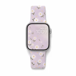 Lilac daisy silicone Apple Watch band with white flowers, women's replacement wristband strap