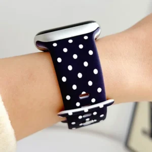 Midnight navy polka dot silicone Apple Watch band for women, comfortable replacement wristband with white spot print