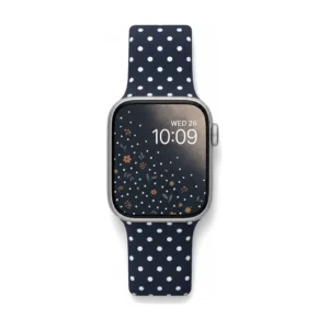 Midnight navy polka dot silicone Apple Watch band for women, comfortable replacement wristband with white spot print