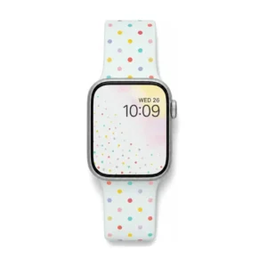 Mint green Apple Watch band for women with pastel rainbow confetti polka dots, soft silicone replacement strap.