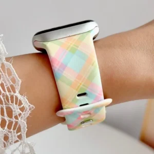Pastel rainbow plaid silicone Apple Watch band for women, soft gingham check replacement strap in mint, pink and yellow