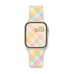 Pastel rainbow plaid silicone Apple Watch band for women, soft gingham check replacement strap in mint, pink and yellow