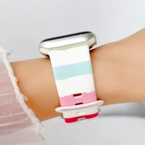 Pastel stripe silicone Apple Watch band replacement for women featuring vintage rainbow paint strokes.
