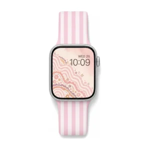 Pink candy stripe silicone Apple Watch band, a comfortable replacement wristband for women, fits all series