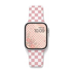 Pink and white checkerboard silicone Apple Watch band, comfortable replacement strap for women, fits all series