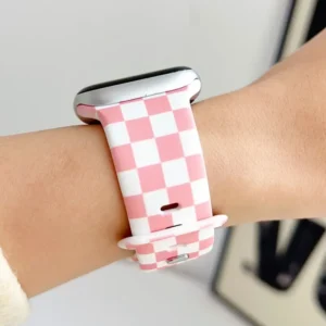 Pink and white checkerboard silicone Apple Watch band, comfortable replacement strap for women, fits all series