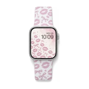 Pink Lips and Bows Silicone Apple Watch Band replacement wristband featuring cute pastel patterns for women.