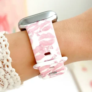 Pink Lips and Bows Silicone Apple Watch Band replacement wristband featuring cute pastel patterns for women.