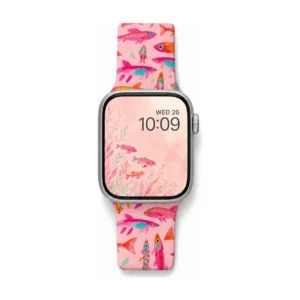 Pink tropical fish Apple Watch band for women, comfortable silicone replacement strap with coral reef print.