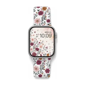 White silicone Apple Watch band for women with a vintage plum anemone, pink, and orange floral pattern. Comfortable replacement wristband.