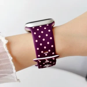 Plum polka dot silicone Apple Watch strap replacement for women with secure pin closure
