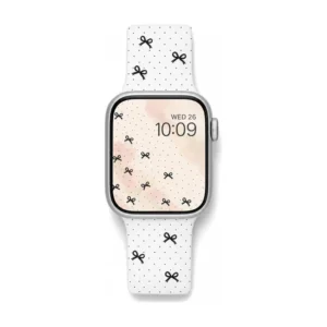 Polka dot and black bow silicone Apple Watch band replacement wristband for women offering comfortable daily wear.