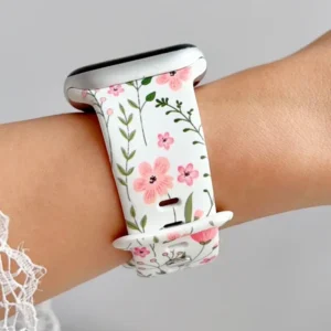 Pink poppy floral silicone Apple Watch band with sage green leaves on white strap