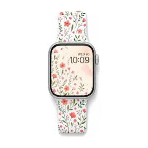 Pink poppy floral silicone Apple Watch band with sage green leaves on white strap