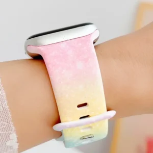 Pastel rainbow glitter silicone Apple Watch band, a comfortable replacement wristband strap for women, all series