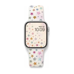 Colorful star silicone Apple Watch band on silver Apple Watch, rainbow star print replacement strap for women
