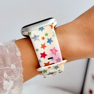 Colorful star silicone Apple Watch band on silver Apple Watch, rainbow star print replacement strap for women