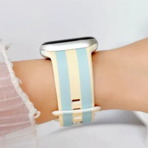 Retro pastel stripe silicone Apple Watch band in butter yellow and blue, a comfortable replacement wristband for women