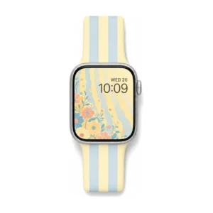 Retro pastel stripe silicone Apple Watch band in butter yellow and blue, a comfortable replacement wristband for women