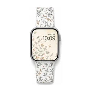 Sage eucalyptus silicone Apple Watch band with dusty rose botanical print for women
