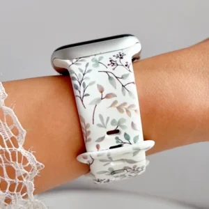 Sage eucalyptus silicone Apple Watch band with dusty rose botanical print for women