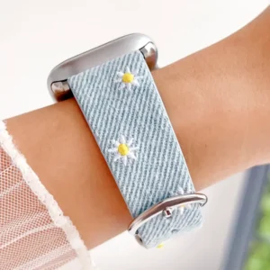 denim daisy Apple Watch Band for women. Comfortable, premium vegan leather replacement wristband with a floral design.
