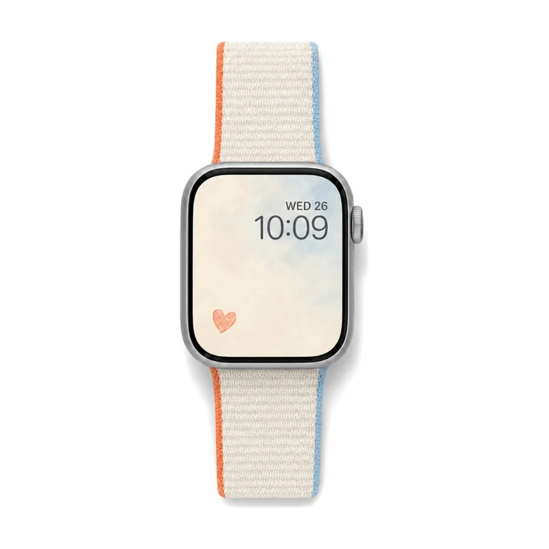 Sport Loop Apple Watch strap in cream with orange and blue stripes - comfortable woven replacement band for women