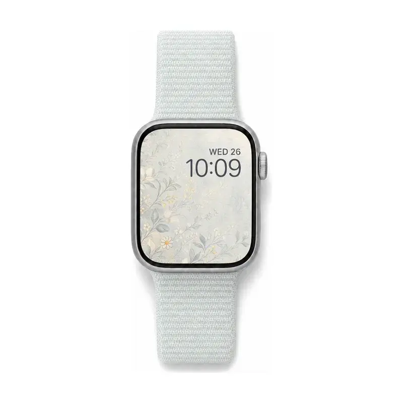 Misty mint Sport Loop Apple Watch strap with mustard keeper, soft woven replacement band for women