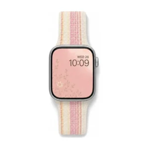 Cream and pink striped Sport Loop Apple Watch band for women, soft woven nylon replacement strap on silver watch