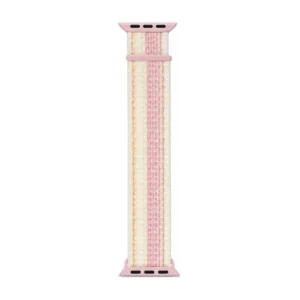 Cream and pink striped Sport Loop Apple Watch band for women, soft woven nylon replacement strap on silver watch