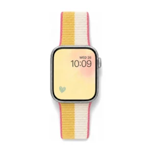 Retro sunset stripe Sport Loop Apple Watch band in coral pink, mustard and cream woven nylon for women