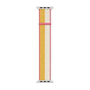 Retro sunset stripe Sport Loop Apple Watch band in coral pink, mustard and cream woven nylon for women