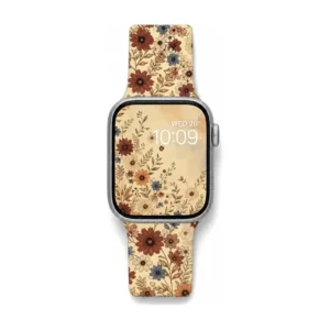 Terracotta daisy and cosmos floral Apple Watch band for women, comfortable silicone replacement strap.