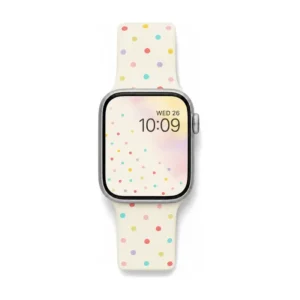 Vanilla cream Apple Watch band for women with pastel rainbow confetti polka dots, soft silicone replacement strap.