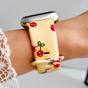 Vintage cherry and lemon print silicone Apple Watch band, comfortable replacement wristband for women.