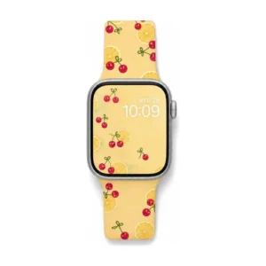 Vintage cherry and lemon print silicone Apple Watch band, comfortable replacement wristband for women.