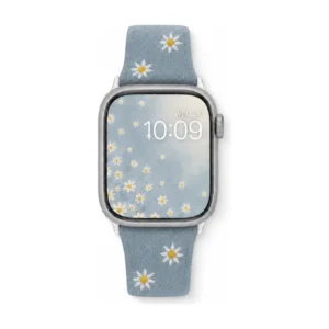 denim daisy Apple Watch Band for women. Comfortable, premium vegan leather replacement wristband with a floral design.