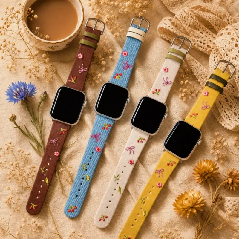Aesthetic embroidered floral leather Apple Watch bands for women in Australia – brown, sky blue, cream and mustard yellow straps with delicate flower and bow embroidery shown on four Apple Watches.