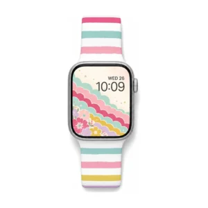 Pastel stripe silicone Apple Watch band replacement for women featuring vintage rainbow paint strokes.