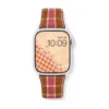 Slim rose tartan tweed Apple Watch band for women, comfortable vegan leather replacement strap in pink check.