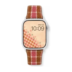 Slim rose tartan tweed Apple Watch band for women, comfortable vegan leather replacement strap in pink check.