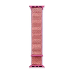 Coral pink Sport Loop Apple Watch band for women, comfortable soft woven nylon replacement strap.