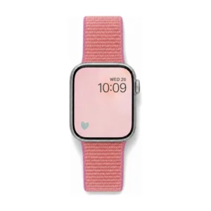 Coral pink Sport Loop Apple Watch band for women, comfortable soft woven nylon replacement strap.